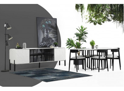 Salle à manger moderne Ensemble de design de table à manger Chaises Buffet Table en bois Ensemble 6 pièces Blanc