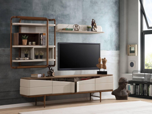 Salon beige Ensemble de meubles de télévision - Buffet bas 2x étagères Bois Mobilier design