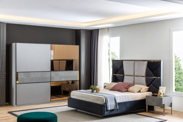 Ensemble de chambre moderne Lit design 2x Tables de chevet Armoire