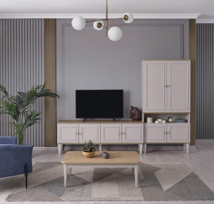 Suite Stand TV Armoire TV Buffet Bas Table de Salon Etagères Gris Bois