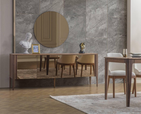 Salle à manger brune Buffet en verre Moderne Miroir Ensemble complet de 2 pièces neuf