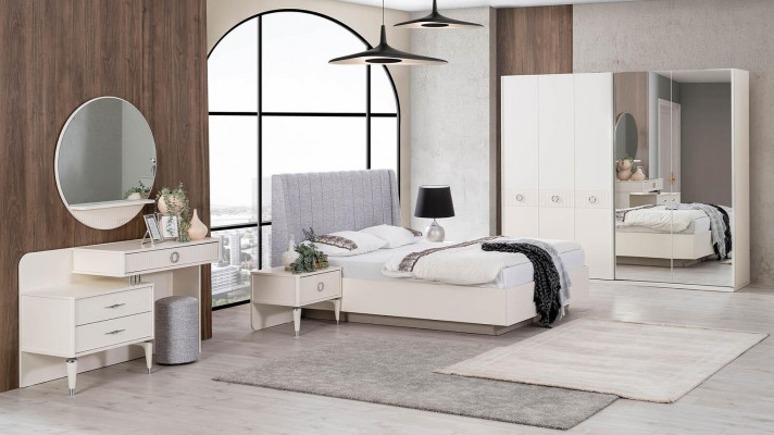 Suite Lit double cadre de lit Tissu Chambre Blanche en bois Ensemble 7 pièces