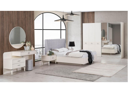 Suite Lit double cadre de lit Tissu Chambre Blanche en bois Ensemble 7 pièces
