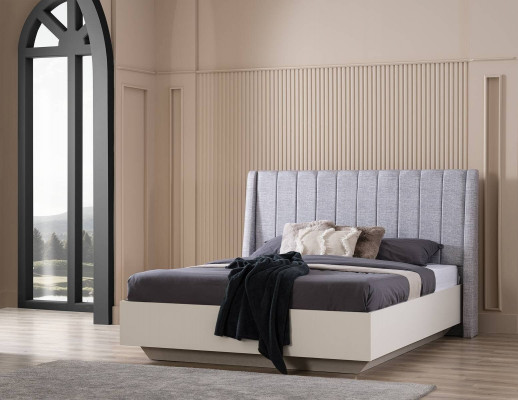 Suite Lit double cadre de lit Tissu Chambre Blanche en bois Ensemble 7 pièces