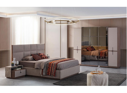Chambre complète Lit double Table de chevet Gris Armoire 4 pièces