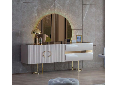 Buffet latéral blanc design en acier inoxydable, moderne, en bois, pour salle à manger noble.