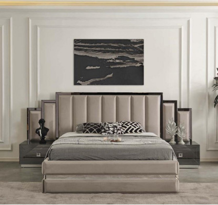 Meubles de chambre beige Designer Lit double de luxe Tables de chevet en bois