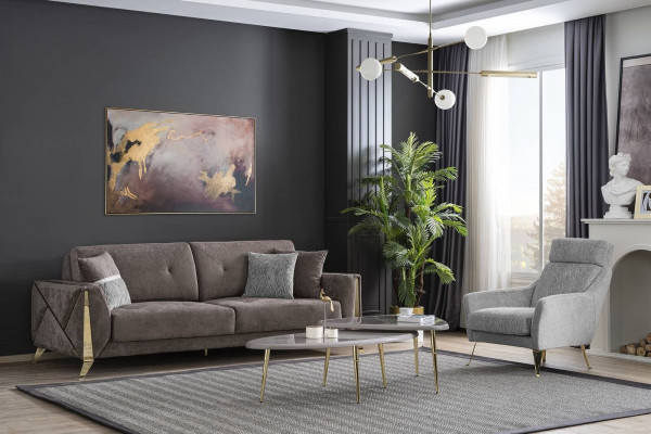 Canapé de salon marron-gris, fauteuil de luxe Dreistzer, table basse 4 pièces