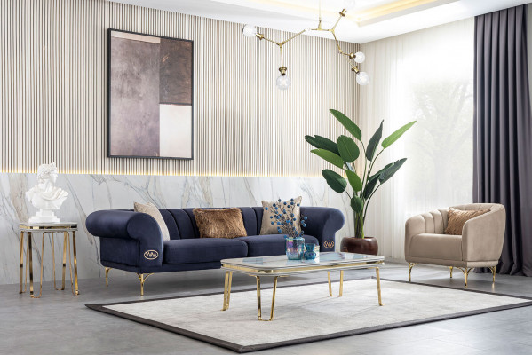 Bleu - Ensemble salon beige Luxe Canapé 3+3+1 Places Design