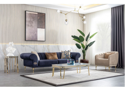 Bleu - Ensemble salon beige Luxe Canapé 3+3+1 Places Design