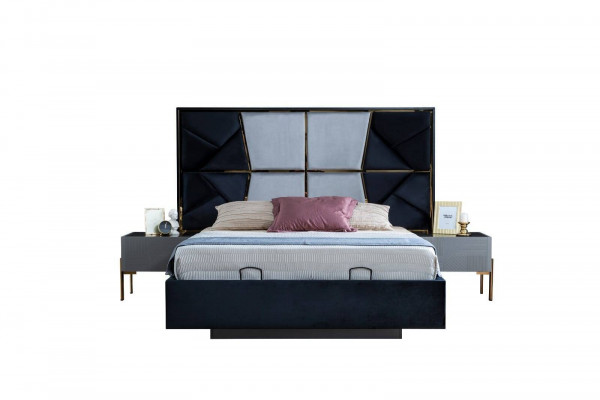 Suite de chambre grise, créateur Lit double 2x tables de nuit 3 pièces nouveau