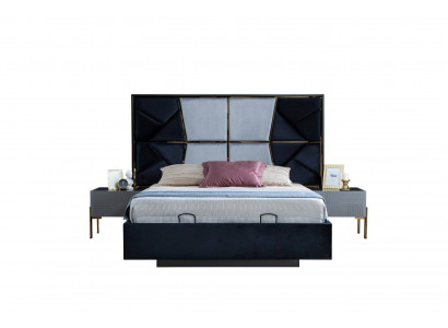 Suite de chambre grise, créateur Lit double 2x tables de nuit 3 pièces nouveau