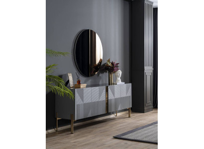 Ensemble de salle à manger noir buffet designer miroir rond de luxe 2 pièces