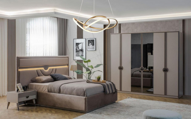 Lit double Ensemble de meubles de chambre à coucher Lit Tables de chevet Beige 4 pièces