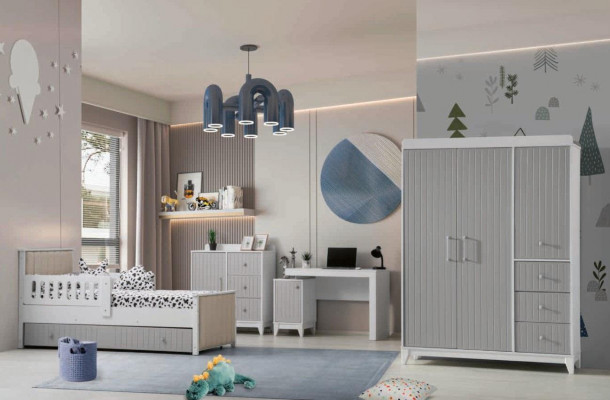 Ensemble de chambre d'enfants : Commode, Armoire, Lit & Bureau