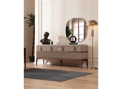 Meubles de salle à manger beige Luxe Bahut en bois 4 portes en verre miroir Ensemble de 2 pièces