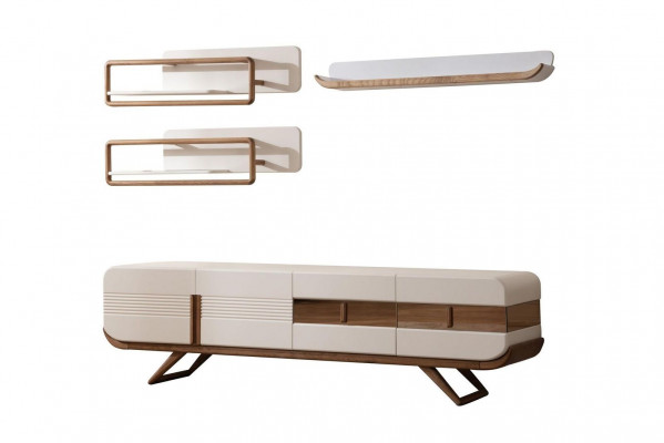 Unité murale de salon blanc Designer Lowboard 2x étagères Meuble en bois 4pcs