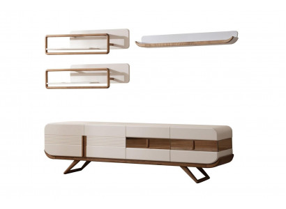 Unité murale de salon blanc Designer Lowboard 2x étagères Meuble en bois 4pcs