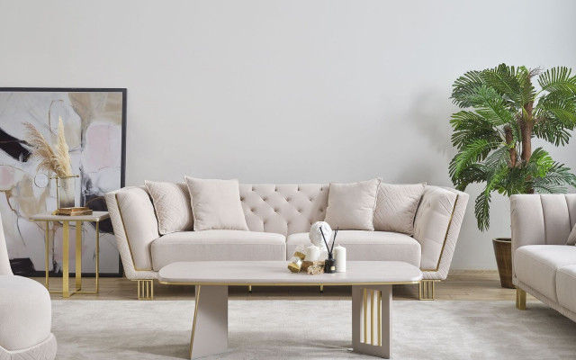 Ensemble de salon blanc Chesterfield trois places luxueuse table basse 2 pièces