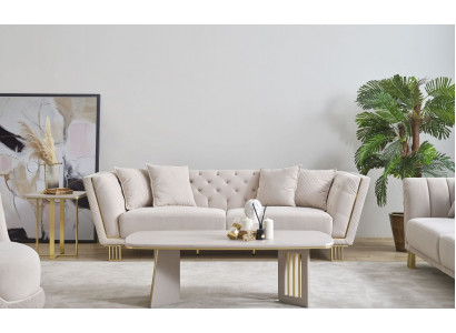 Ensemble de salon blanc Chesterfield trois places luxueuse table basse 2 pièces