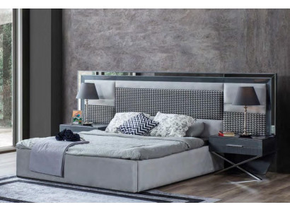 Meuble de chambre grise Lit en acier inoxydable Tables de chevet en bois design 3 pièces