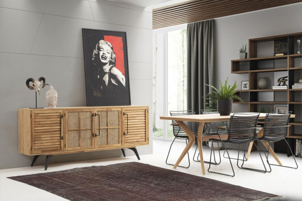 Ensemble de salle à manger, salle à manger, table à manger, chaises, buffet, 6 pièces, bois brun.