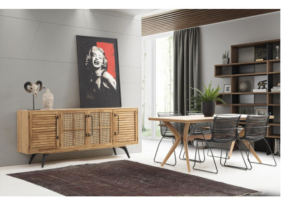 Ensemble de salle à manger, salle à manger, table à manger, chaises, buffet, 6 pièces, bois brun.