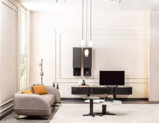 Ensemble de salon moderne complet en tissu design avec canapé, meuble TV bas, 6 pièces.