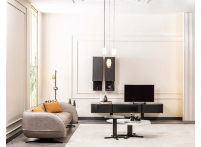 Ensemble de salon moderne complet en tissu design avec canapé, meuble TV bas, 6 pièces.