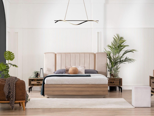 Luxe Ensemble de chambre à coucher avec lit double en bois de 7 pièces marron moderne