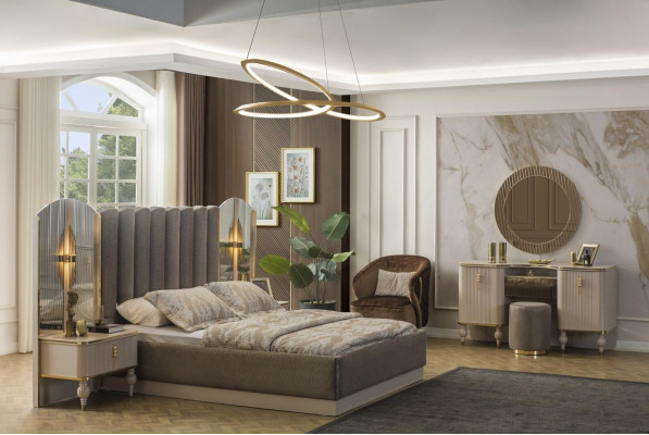 Suite de chambre grise Lit double Coiffeuse Console Tables de chevet