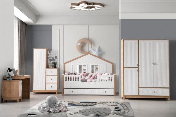 Stylisches Kinderzimmer-Set Bett Schrank und Tisch Helles 4-teilig