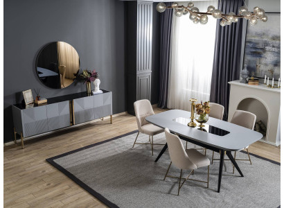 Ensemble de salle à manger moderne en gris, mobilier en bois. Table à manger de luxe et buffet.