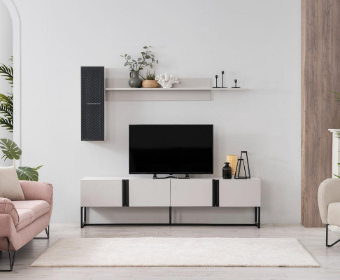 Suite TV Stand Garde-robe Meuble TV Buffet Bas Séjour Étagères Blanc Bois