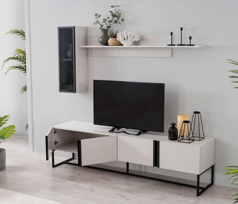Suite TV Stand Garde-robe Meuble TV Buffet Bas Séjour Étagères Blanc Bois