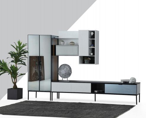 Unité murale Support TV Meuble TV Buffet Vitrine Bois Moderne Blanc Salon