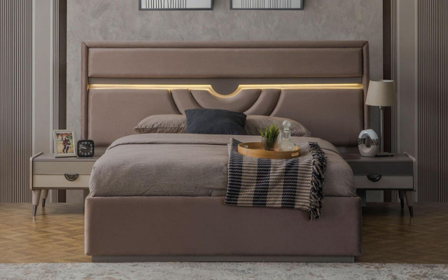 Lit double Chambre Lit Tables de chevet Beige Ensemble de base de lit 3 pièces
