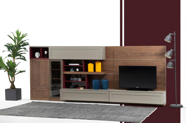 Unité murale Support TV Meuble TV Buffet vitrine Bois Moderne Brun Salon