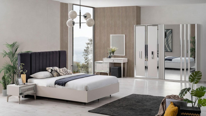 Grande suite de chambre à coucher Lit double Lit Bois Ensemble 7 pièces Blanc Moderne