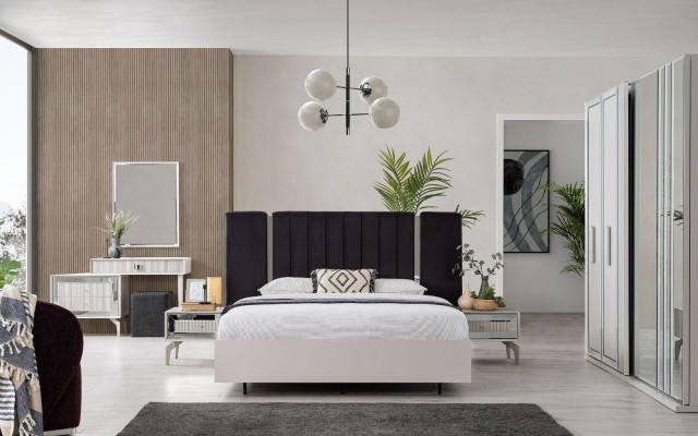 Grande suite de chambre à coucher Lit double Lit Bois Ensemble 7 pièces Blanc Moderne