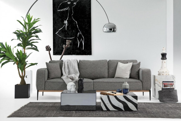 Canapé 3 places en tissu, design moderne, salon gris