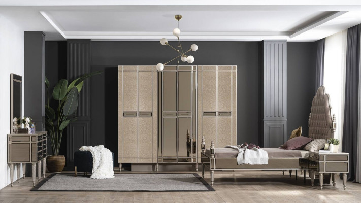 Chambre complète avec lit 2x tables de chevet Commode avec miroir 5pcs