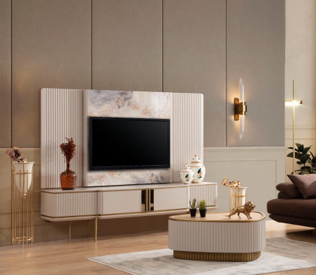Meuble TV bas blanc avec cadre en acier inoxydable pour salon, design de mobilier.