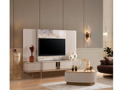 Meuble TV bas blanc avec cadre en acier inoxydable pour salon, design de mobilier.