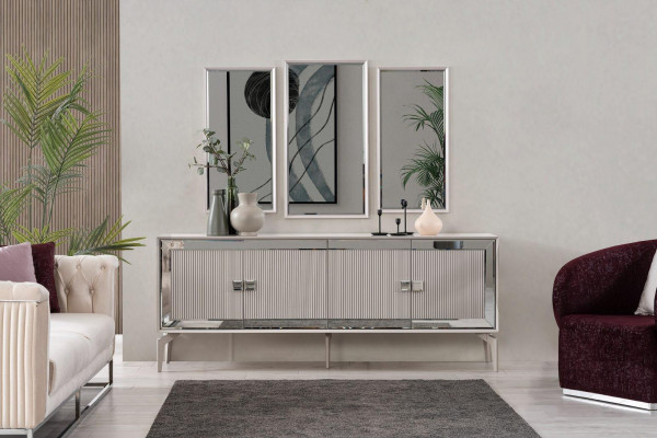 Bahut Bahut avec miroir Groupe de commodes Bois Argent Salle à manger