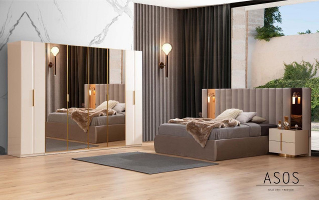 Chambre beige Ensemble de chambre Lit Designer Armoire 2x Tables de chevet