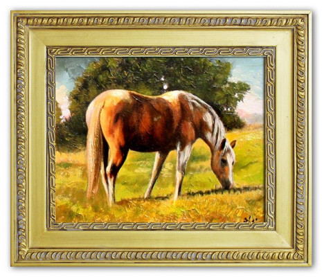 Image à l'huile peintes à la main avec cadre baroque cheval G05042