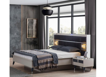 Chambre Suite Grise et Blanche Lit Double 2x Tables de Chevet Ensemble de 3 pièces