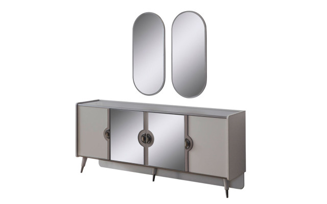 Grande suite de meubles gris du designer comprenant un buffet à 4 portes et un miroir exclusif en 3 pièces.