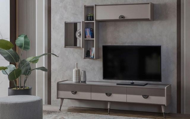 Buffet de salon beige, meuble TV robuste, meuble TV bas, étagères de luxe